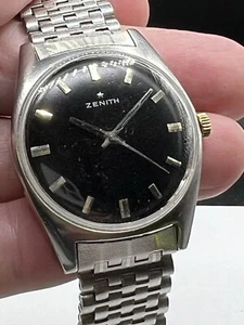 Vintage 1960s Jumbo Swiss Zenith Watch, 8” Bracelet- Gloss Black — 37mm -EC - Picture 1 of 24