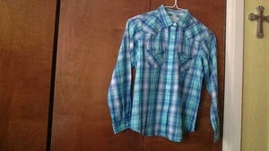 Ariat BLING Snap Western Shirt Sz M/10 Youth Blue Plaid Cotton Cowgirl Rodeo Rid - Picture 1 of 21