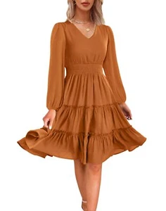 Women 2025 Long Sleeve Fall Dresses V Neck Smocked Wasit Casual Flowy A Line ... - Picture 1 of 6