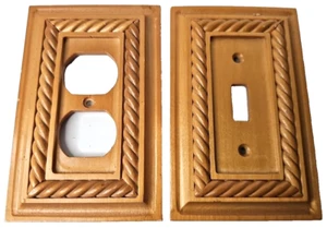 Vintage Set Of 2 Amer Tac Light Switch 2 Plug Plate Cover Wood New Spiral Braid - Picture 1 of 10