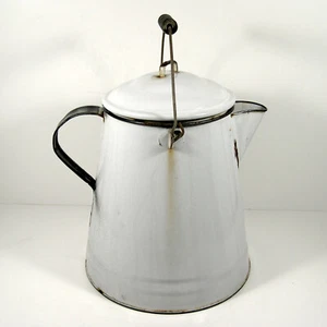 Antique White & Black Enamelware Cowboy Coffee Pot LARGE Rustic Shabby Kettle - Picture 1 of 23