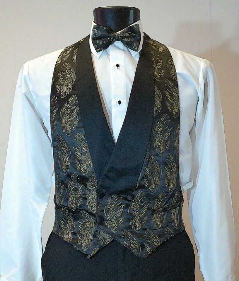 Gold Backless Vest w/ Pre Tied Bow Tie and Pocket Square - Formal Wear Prom Gala - Image 1 of 4