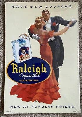 Letrero póster original de cigarrillos Raleigh de 1940 excelente estado 12x18 Foto 1 de 4