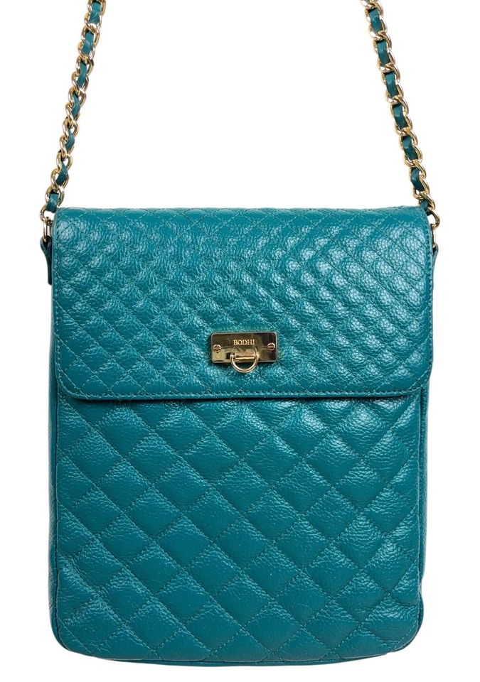 BODHI Acolchado Verde Azulado Bandolera iPad Bolso de Mano Cartera Cuero Cadena Tableta Estuche Usado en Excelente Condición Foto 1 de 4