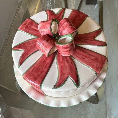Vintage  Christmas Ceramic Cake Plate And Dome Red Ribbon/Bow Made In Portugal - Image 1 of 4