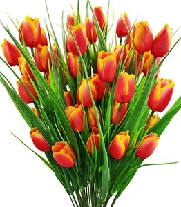 8 Bundles Outdoor Artificial Tulips Fake Flowers UV Resistant Faux Plastic Gr... - Picture 1 of 6
