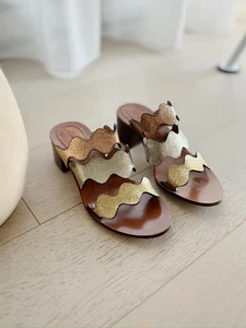CHLOE Metallic Scalloped Detail Leather Slide Sandals (SIZE 36) - Picture 1 of 6
