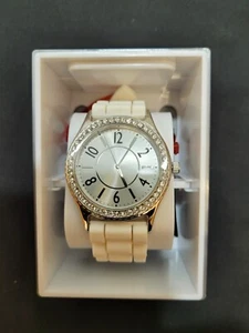 Unisex analogue Watch Silver Coloured Diamante Surround. White Rubber Strap - Picture 1 of 1