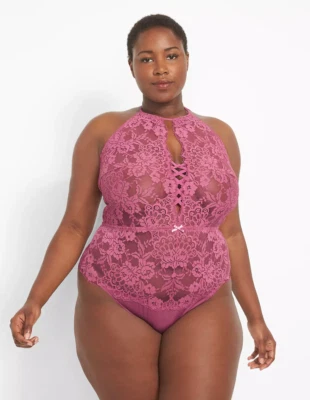 New Cacique 14/16 Red Violet Scallop Lace Halter-Neck Bodysuit Holiday Lingerie - Image 1 of 4