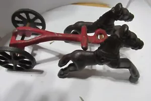 antique toy cast iron horse team pulling 2 wheeled cart to hook to a wagon - Picture 1 of 2