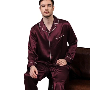 Mens Silk Satin Pajamas - PJ Set Top and Bottom - Burgundy White Piping - Picture 1 of 4