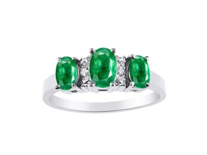 Diamond & 3 Stone Emerald Ring Set In Sterling Silver - Color Stone Birthstone - Picture 1 of 3