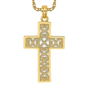 10K Solid Yellow Gold Lace Cross Necklace - Picture 1 of 12