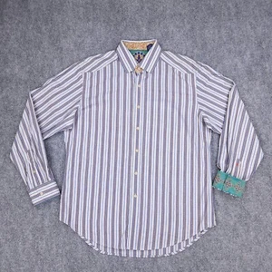 Robert Graham Shirt Mens Large Blue Gold Striped Button Up Floral Flip Cuff - Picture 1 of 16