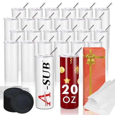 6-10-30 Pk A-SUB Sublimation Tumblers Blank 20 oz Skinny Straight Stainless Bulk - Image 1 of 4