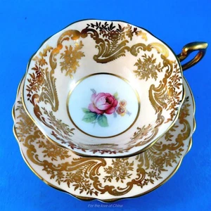 Pretty Pink Rose Center with a Peach and Gold Border Paragon Tea Cup and Saucer - Picture 1 of 3