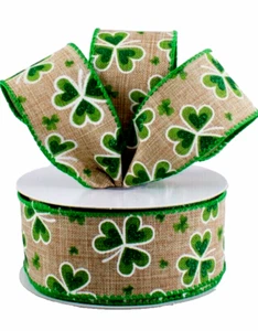 Shamrocks 1.5" by 2 yds Sparkling Green Glitter Natural Wired Ribbon St Patricks - Picture 1 of 3