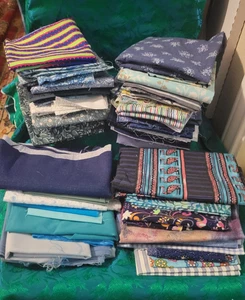 Mixed Cotton Fabric Remnants Mainly Blue - Some Decorator Pieces - 3.7 Pounds - Picture 1 of 4
