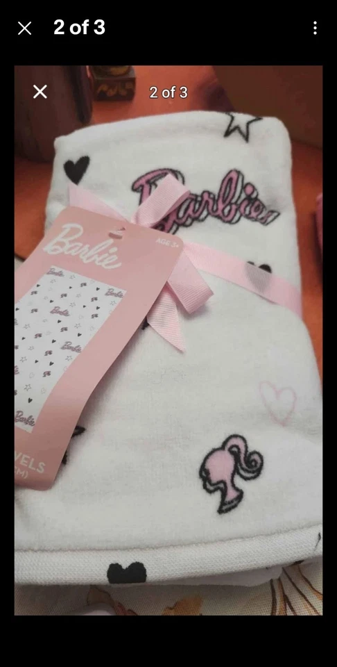 BARBIE 2 Pk 16"x18" Velour Terrycloth Hand Towels Heart Star 100% Cotton NEW - Image 1 of 1