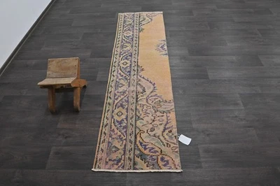 Vintage Turkish Runner Rug 2x7ft Wool Anatolian Handmade Hallway Oushak BEIGE - Image 1 of 4