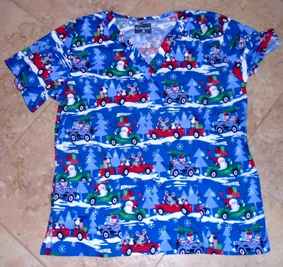 Christmas Scrub Uniform Top Adult M Medium Santa Reindeer Snowmen Penguin & more - Image 1 of 2