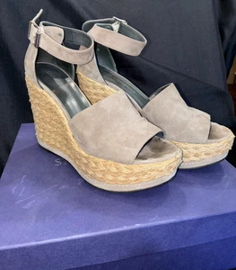 STUART WEITZMAN SOHOGAL WOMEN'S SZ 7.5  TAUPE SUEDE ESPADRILLE 4 3/4" HEEL TAN - Picture 1 of 9