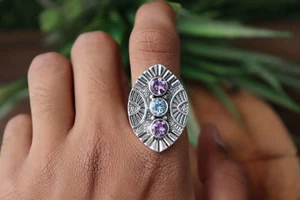Amethyst With Blue Topaz Gemstone Ring, 925 Sterling Silver Ring, Two Type Stone - Picture 1 of 4