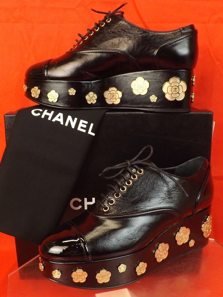 100 Auth CHANEL 16p Leather Camellia Platform Lace up Oxford Shoes