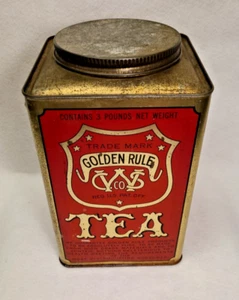 Vintage Golden Rule Tea Tin - CWS Co., 3 Lbs. - Red & Black Litho Gold Can - Picture 1 of 15