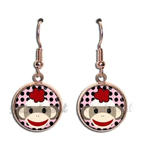 Sock Monkey Pink Polka Dots Design Handmade Resin Dangling Earrings 16mm SIZE - Picture 1 of 10
