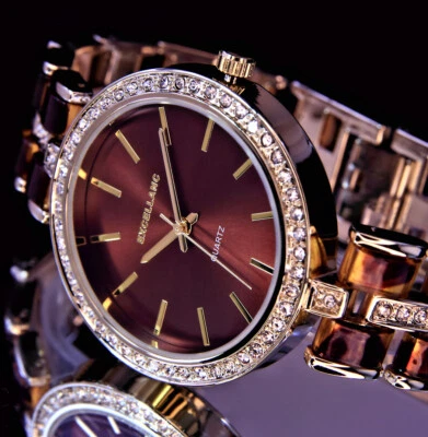 Excellanc Damen Armband Frauen Uhr Braun Gold Farben Metall Strass SI28 - Bild 1 von 2