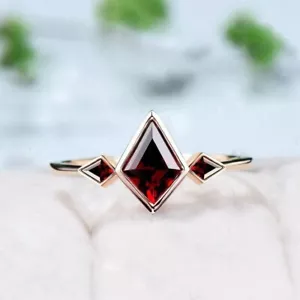 10K Yellow Gold With Lab-Created Ruby Three Stone Kite Shape Women's Party Ring - Picture 1 of 5