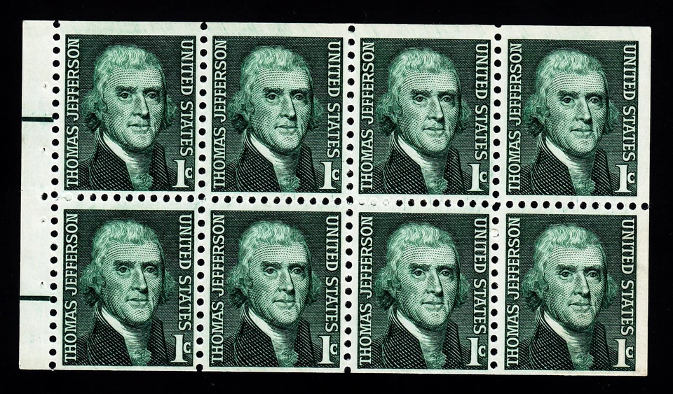 1278a “Jefferson” 1c Booklet Pane of 8 with Lines, Shiny Gum, MNH   - Image 1 of 1