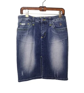 Baby Phat Y2K Faded Distressed Denim Skirt Size 11 Blue Front Slit Stretch Vtg - Picture 1 of 10