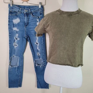 Girls T Shirt and Jean Outfit Lot Size Medium 10 Distressed Green Adjustable - Picture 1 of 12