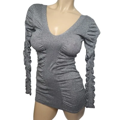 Moda International Silver Glitter Plunge V Neck Long Sleeve Knit Mini Dress, SM - Image 1 of 4