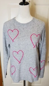 PHILOSOPHY Women's Gray 100% Cashmere Sweater With Hot Pink Hearts Sz.M SoftCozy - Picture 1 of 10