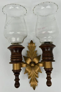 Wooden & Metal 2 Candle Sconces W/ Shades~USED~Etched Leaf Design~Voltive Holder - Picture 1 of 11