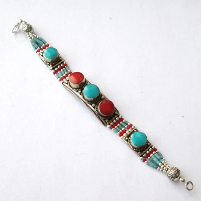 Brazalete étnico coral turquesa declaración con cuentas de piedras preciosas pulsera hecha a mano Foto 1 de 4