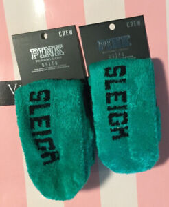 Lot of 2 New Victoria's Secret PINK Sleigh What Crew Fuzzy Plush Socks Green 2pr