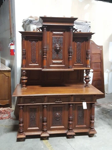 Antique German Carved Buffet Cabinet With Lion Faces Cover