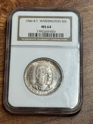 1946 P BOOKER T WASHINGTON COMMEMORATIVE HALF DOLLAR GEM BU NGC MS64 (Slab3306) - Image 1 of 2