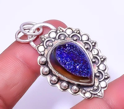 Colgante de diseño de plata de ley 925 druso ágata azul titanio 1,76" A32 Foto 1 de 4