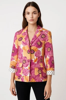 Chaqueta Blazer Joan Rivers Para Mujer 8 Floral Rosa Naranja Mezcla Algodón Puños a Lunares Foto 1 de 4