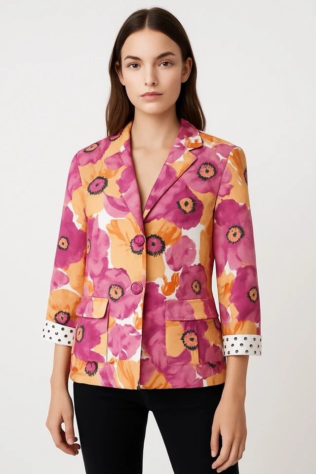 Chaqueta Blazer Joan Rivers Para Mujer 8 Floral Rosa Naranja Mezcla Algodón Puños a Lunares Foto 1 de 4