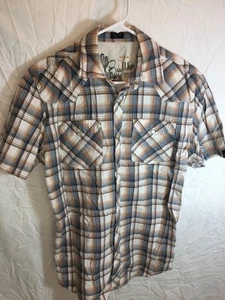 CAMICIA UOMO BIANCA RUGGINE BLU ORO PLAID TESTA DI TORO PERLA SNAP WESTERN TAGLIA S 40" - Foto 1 di 3