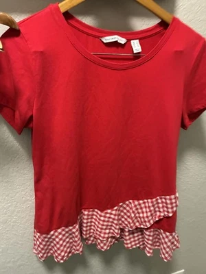 Isaac Mizrahi Live! Red Short Sleeve Top with Ruffled Gingham Hem - Size S - Изображение 1 из 4