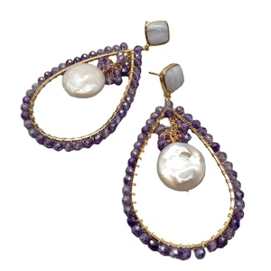 White Coin Pearl Purple Rhinestone Amethyst Blue Lace Agate Dangle Earrings - Picture 1 of 7