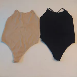Mono B Ribbed Bodysuit 2 Piece Set Nude Black Stretch Criss Cross Back Size L - Picture 1 of 7
