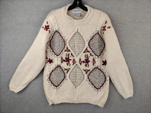 Cabin Creek Womens Sweater L Cream Embroidered Rose Floral VTG Granny Cottage - Picture 1 of 10